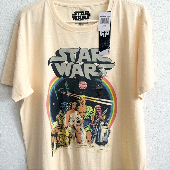 STAR WARS Cream Retro Shirt Large Cotton NEW NWT Rainbow R2D2 Luke Skywalker - Picture 2 of 7